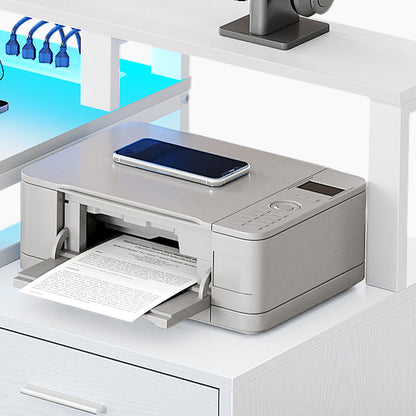 65 in L Shaped Computer Desk with File Drawer Desk w/ Power Outlets & LED Lights