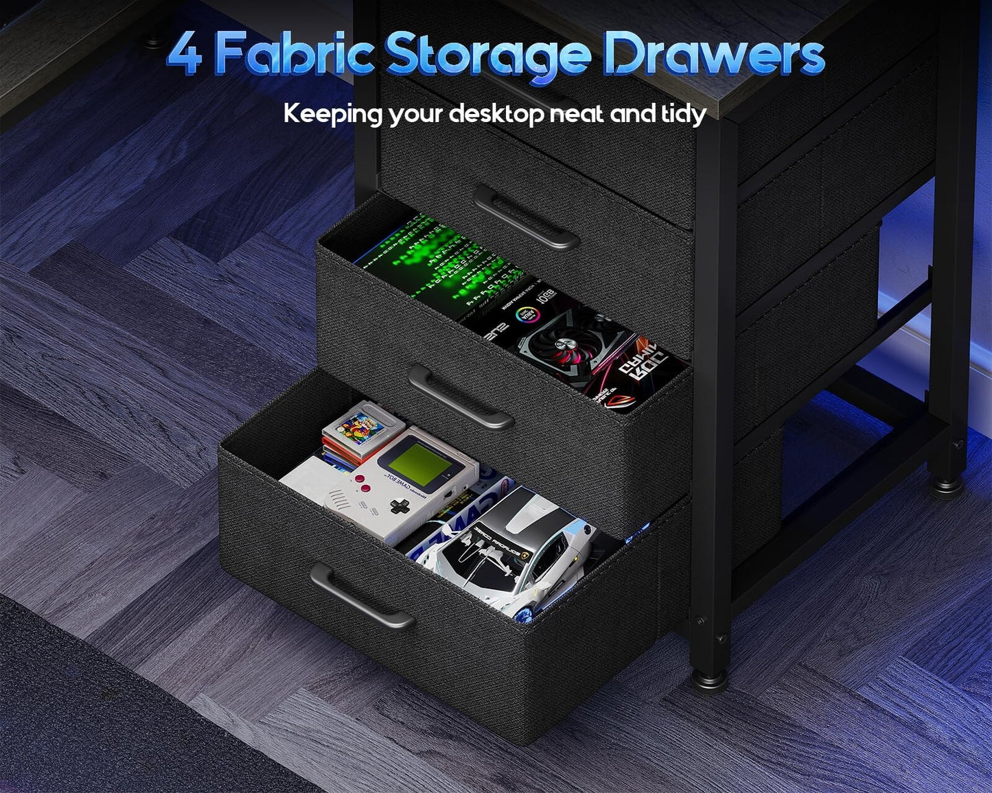 Office Table Reversible Computer Desk L Shaped Gaming Desk w/ Hook & LED Lights