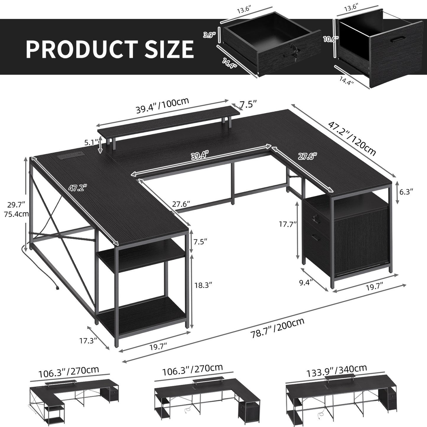 79 inch U Shaped Desk with Power Outlets & LED Lights Reversible Computer Desk