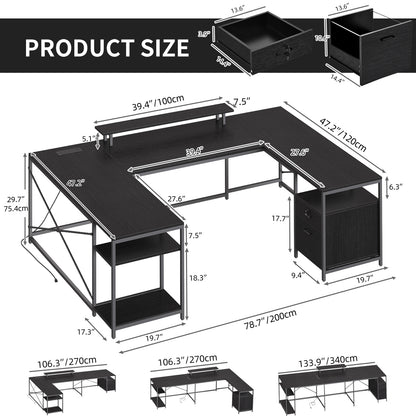 79 inch U Shaped Desk with Power Outlets & LED Lights Reversible Computer Desk