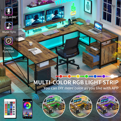 79 inch U Shaped Desk with Power Outlets & LED Lights Reversible Computer Desk