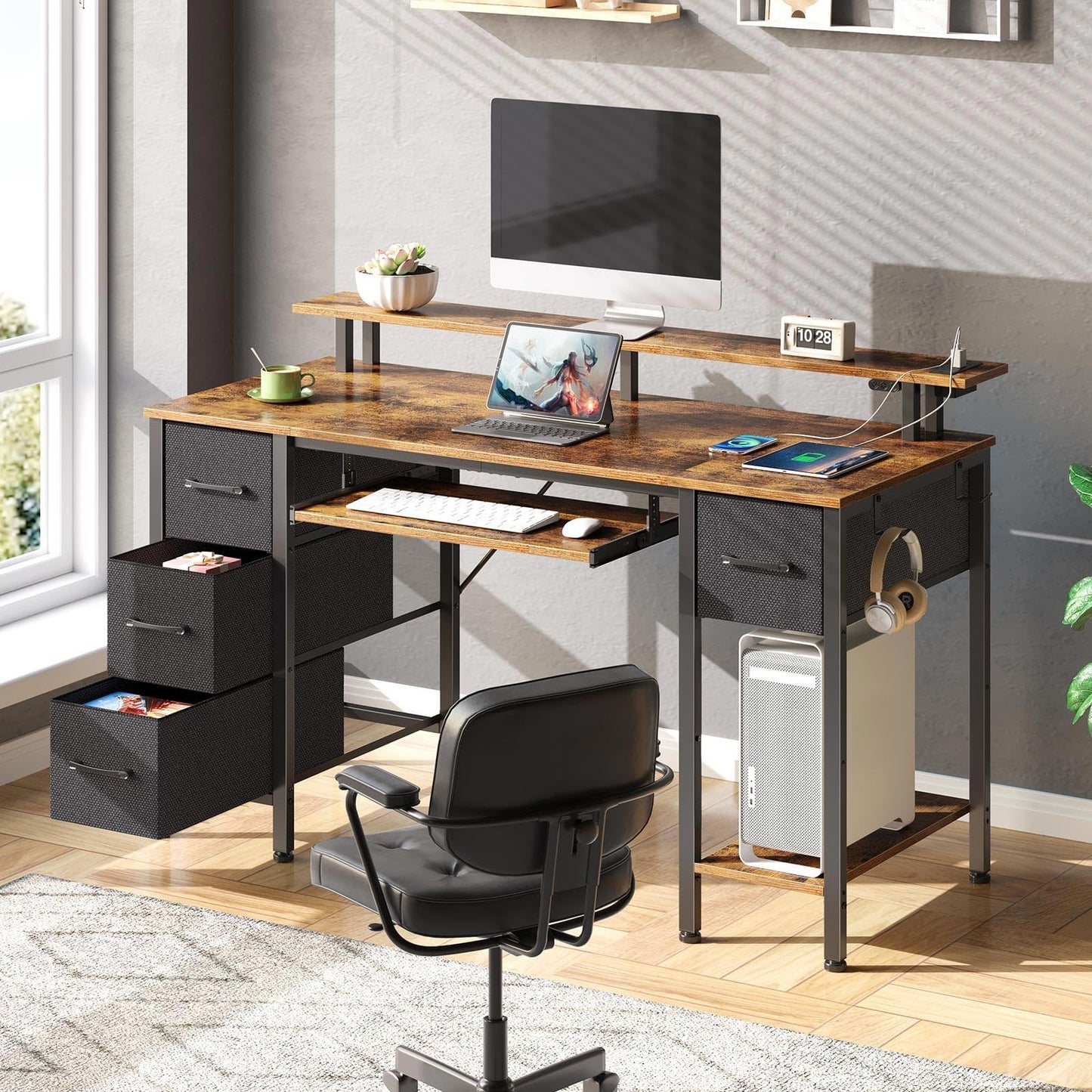 Computer Desk 47.2" with LED Lights & Power Outlets, Home Office Desk with 4 ...