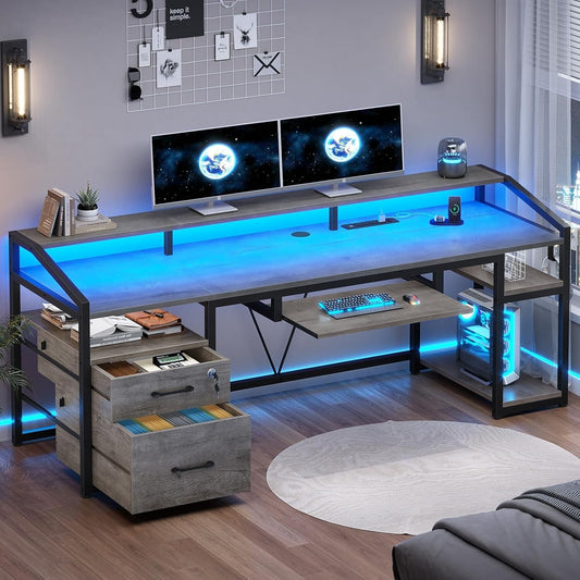 Computer Desk with LED Lights & Power Outlet, Office Desk with Lockable Drawers
