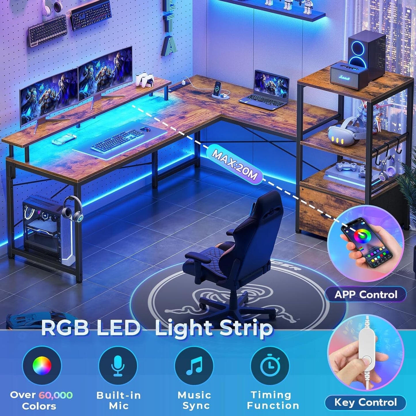 L Shaped Gaming Desk with LED Lights and Power Outlets, Reversible Computer Desk