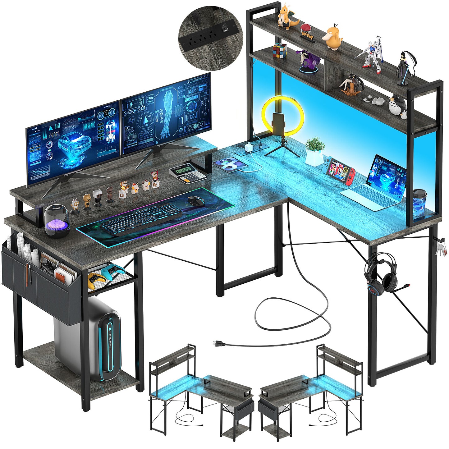 Reversible L-Shaped Computer Desk Gaming Desk with LED Lights and Power Outlets