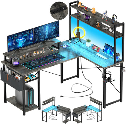 Reversible L-Shaped Computer Desk Gaming Desk with LED Lights and Power Outlets
