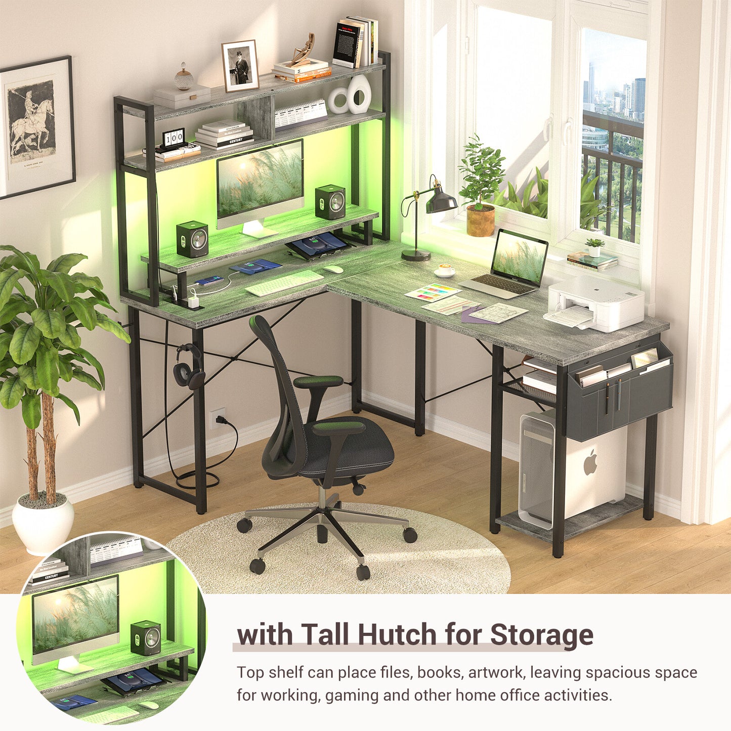 Reversible L-Shaped Computer Desk Gaming Desk with LED Lights and Power Outlets