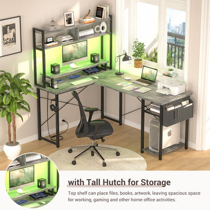 Reversible L-Shaped Computer Desk Gaming Desk with LED Lights and Power Outlets