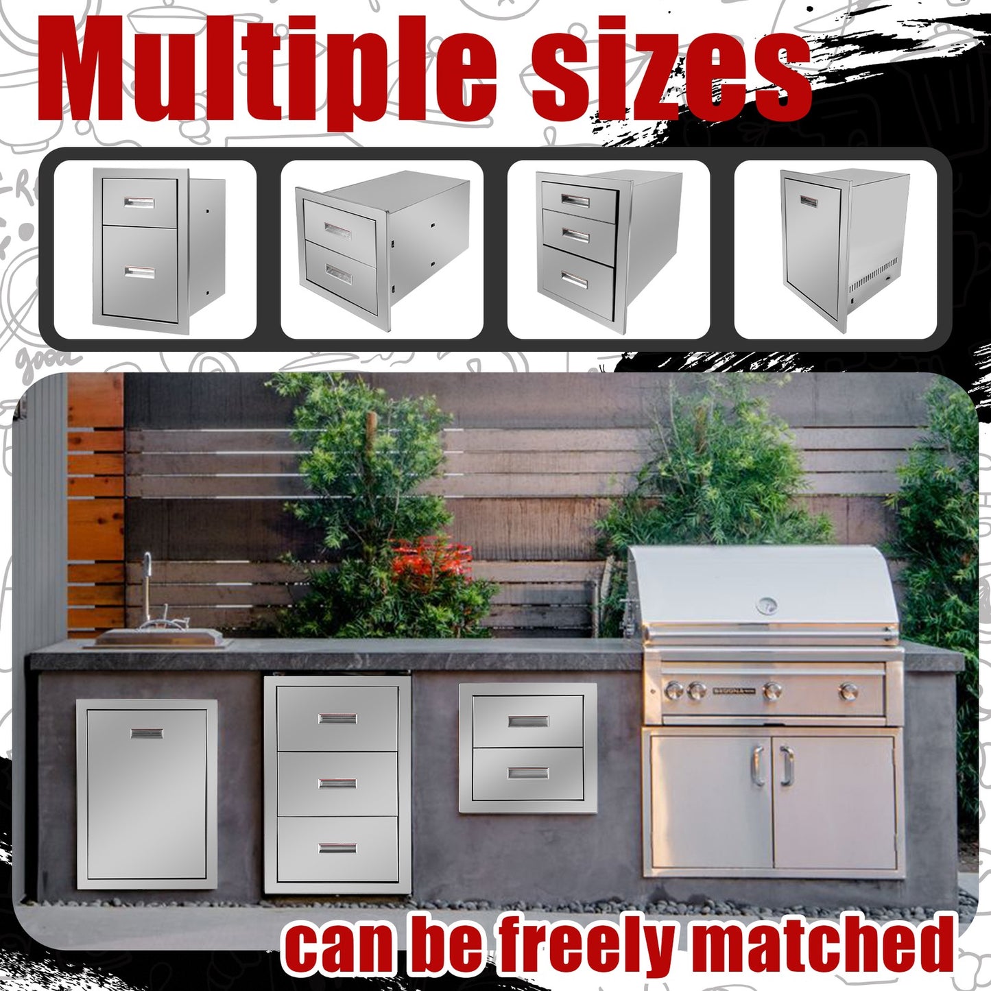 Outdoor Kitchen Drawers Stainless Steel 3-Drawer BBQ Drawer 16"W x 21.5"H x 18"D