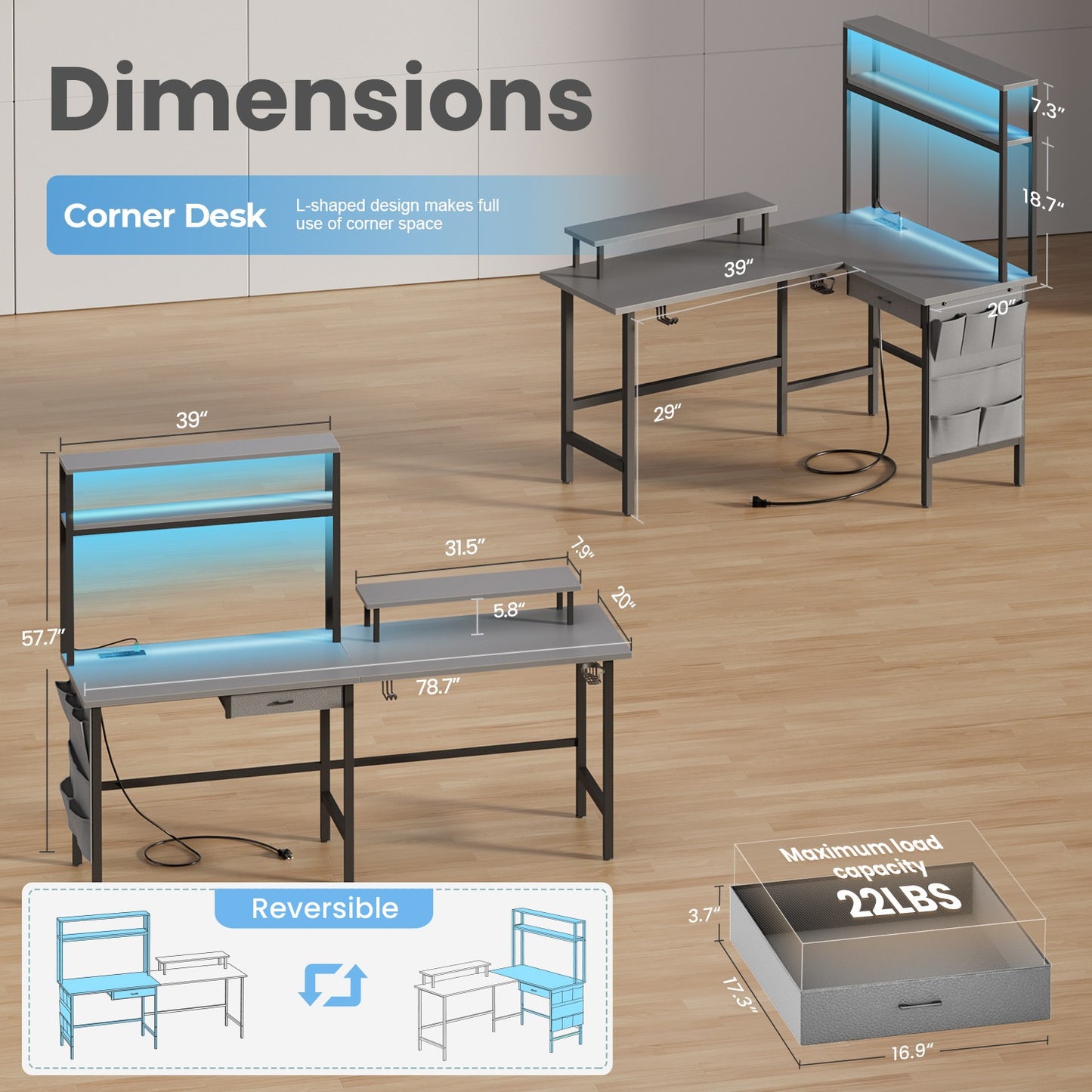L Shaped Gaming Desk with LED & Power Outlets, Computer Desk with Monitor Stand