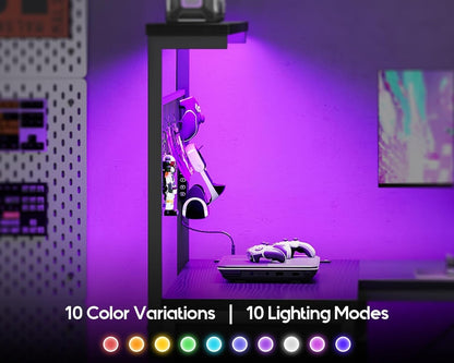 Office Table Reversible Computer Desk L Shaped Gaming Desk w/ Hook & LED Lights