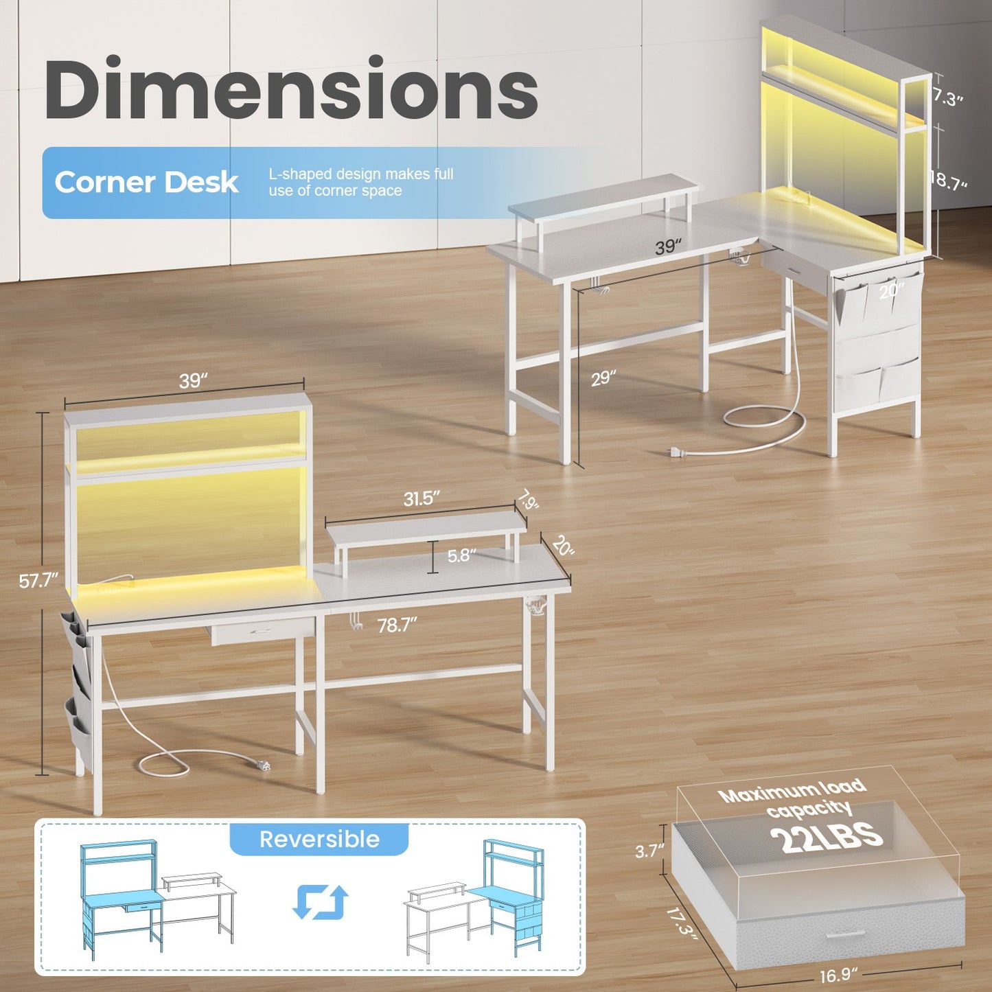 L Shaped Gaming Desk with LED & Power Outlets, Computer Desk with Monitor Stand