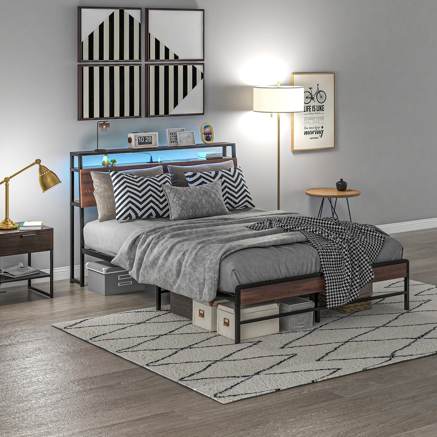 Queen Bed Frame with Headboard, LED Lights, Charging Station, Walnut