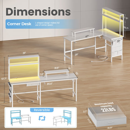 L Shaped Gaming Desk with LED & Power Outlets, Computer Desk with Monitor Stand