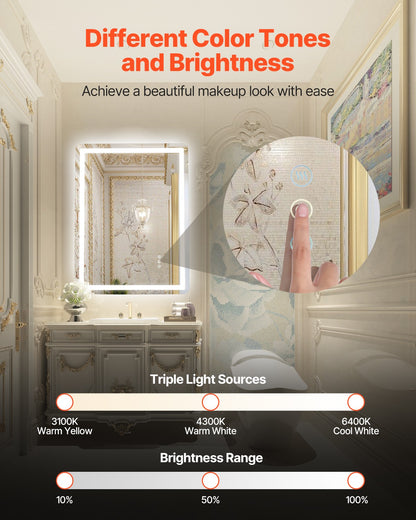 24x32'' LED Bathroom Mirror Wall Vanity Mirror Dimmable Anti-fog Front Backlit