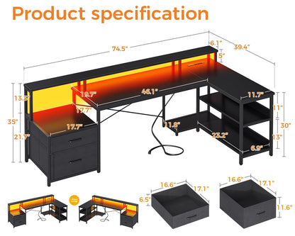 Reversible L Shaped Computer Desk Gaming Desk w/ Power Outlet & LED Strip,Black