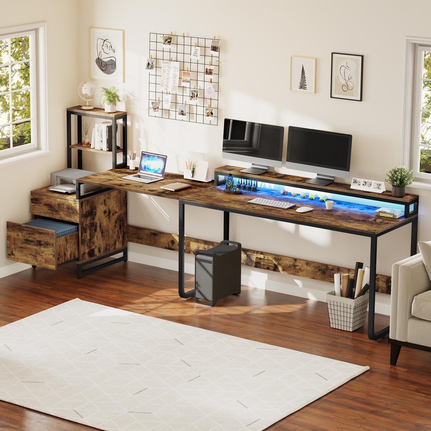87" L Shaped Desk with File Drawer Reversible Computer Desk with Power Outlets