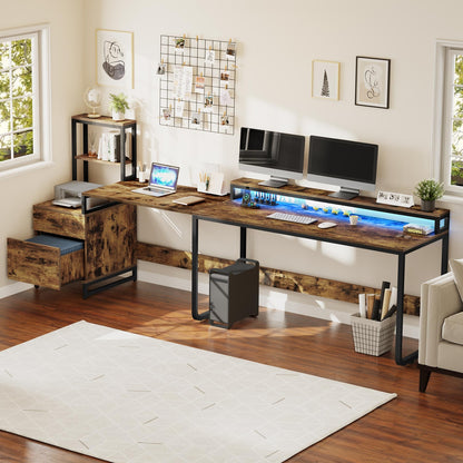87" L Shaped Desk with File Drawer Reversible Computer Desk with Power Outlets