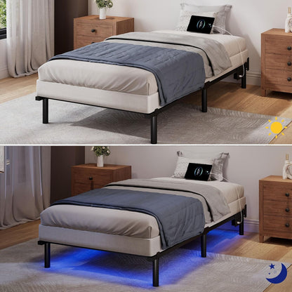 Twin Full Queen Bed Frame with LED Lights Charging Station Metal Platform Sturdy