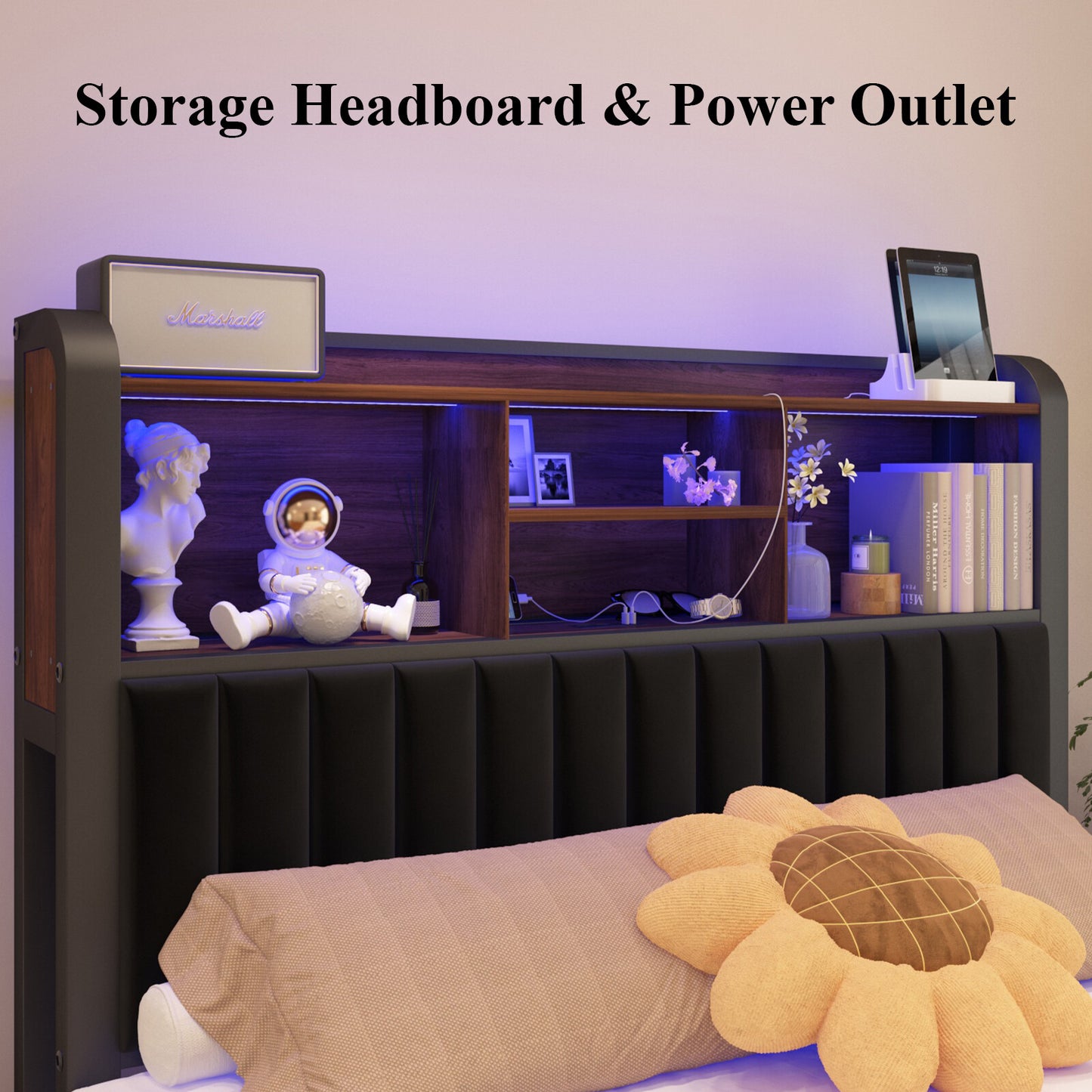 E-Motie Full Size LED Bed Frame with Storage Headboard and Charging Station