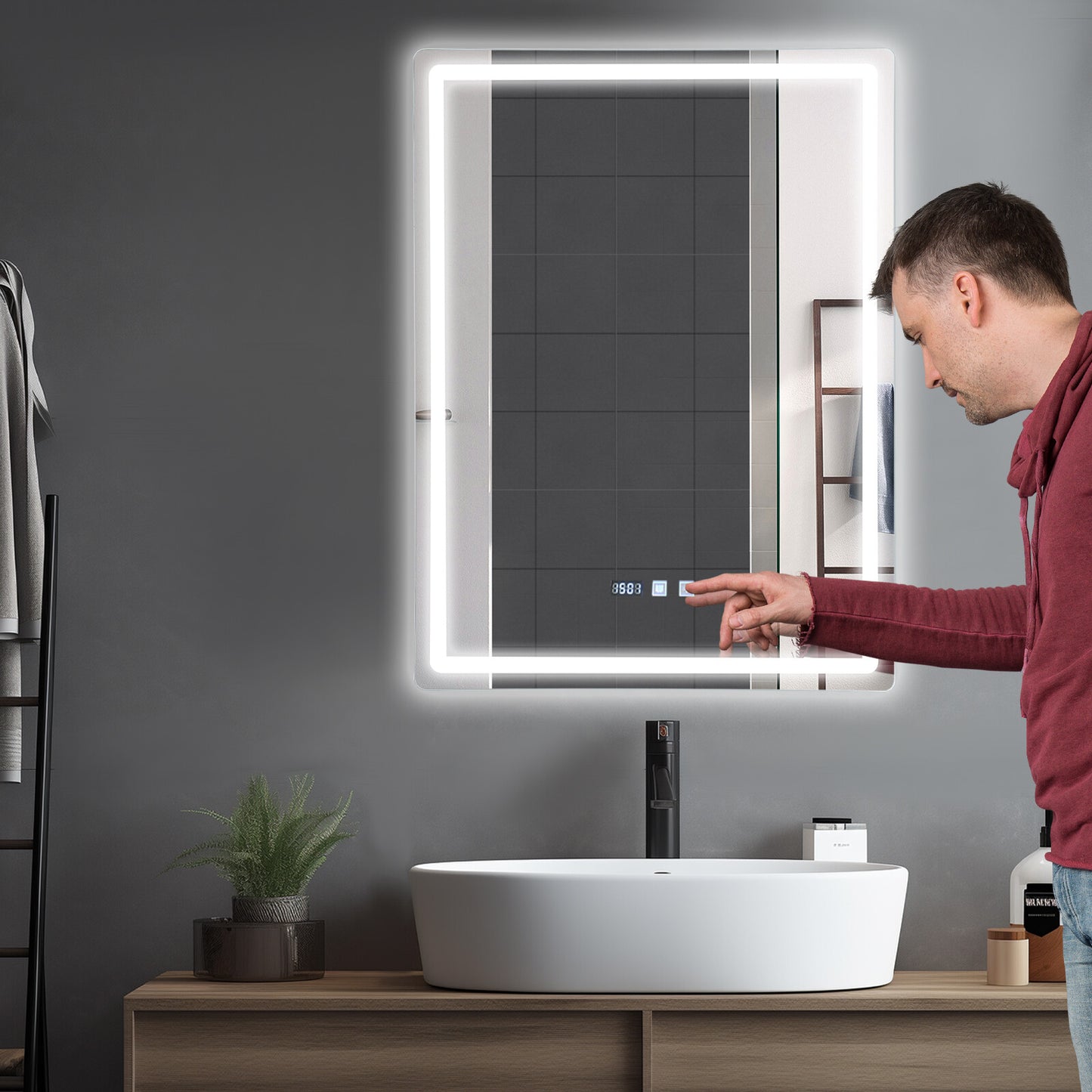 Dimmable LED Bathroom Mirror with Anti-Fog Function and Time Display 60×80 cm