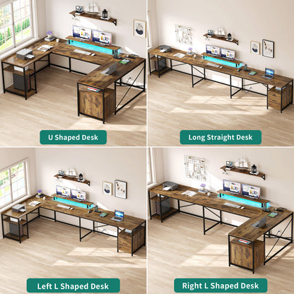 79 inch U Shaped Desk with Power Outlets & LED Lights Reversible Computer Desk