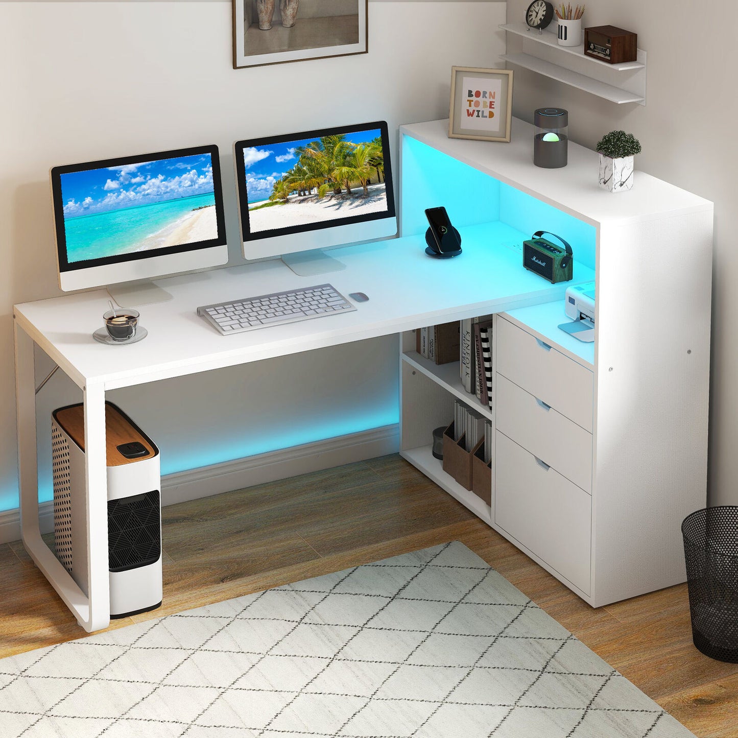 55" Computer Desk L Shaped Desk with Drawers & Power Outlets with Bookshelf