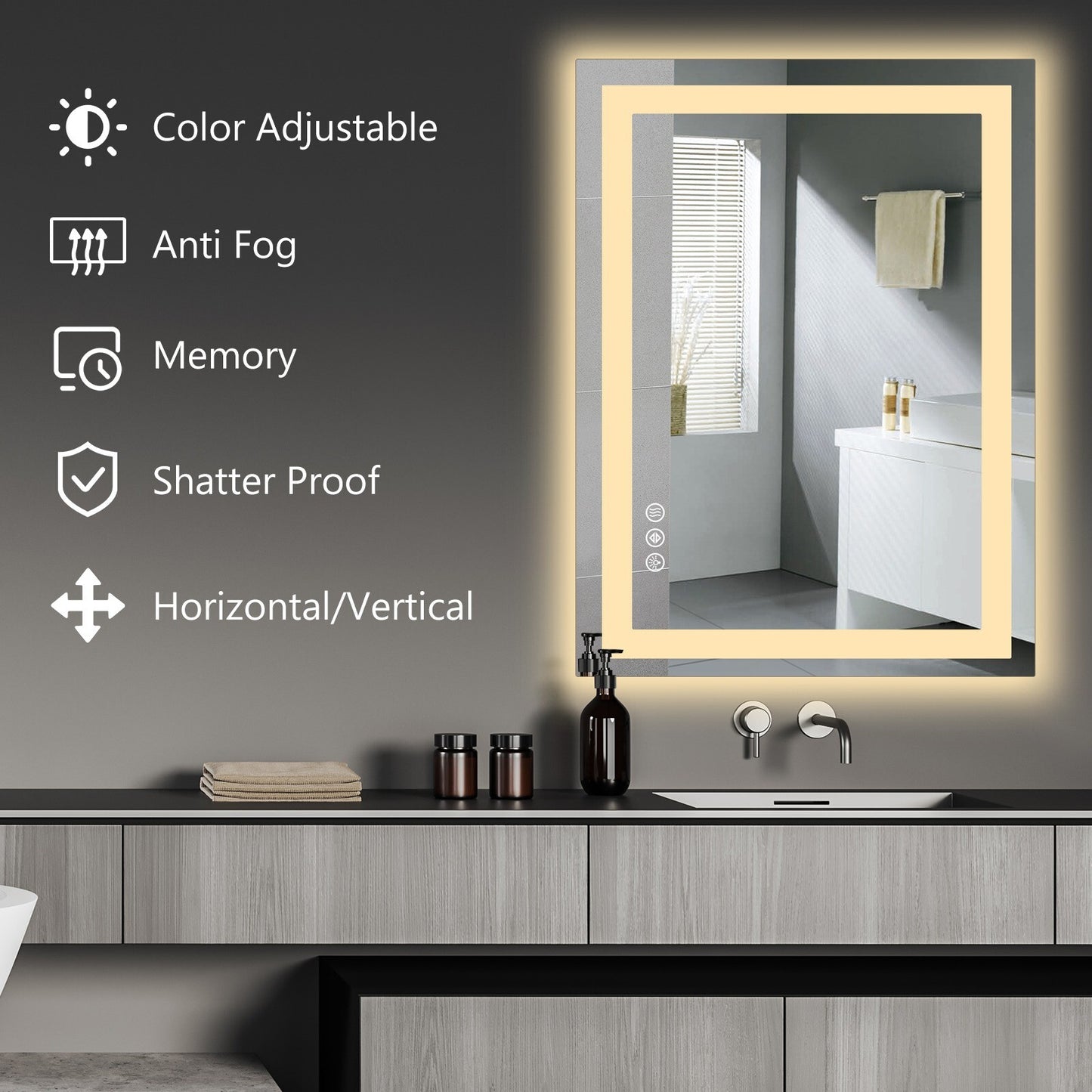 28''/32''/36'' Anti-fog LED Mirror Bathroom,Rectangle Smart Memory Vanity Mirror