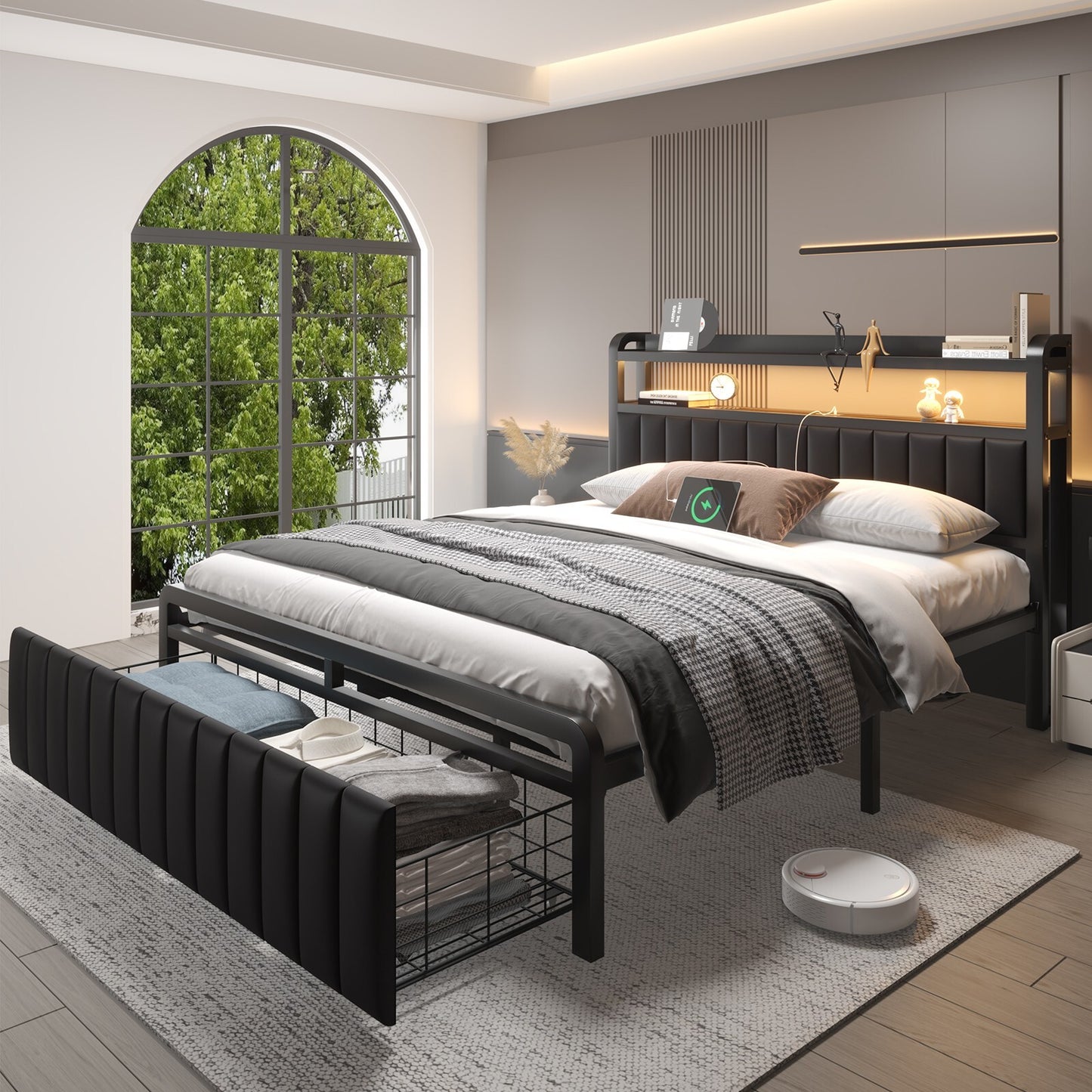 Full Queen Size Metal Platform Bed Frame with 2-Tier Storage Headboard＆Drawers