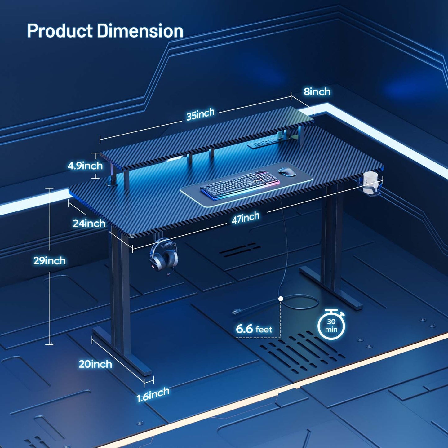 Gaming Desk with LED Lights & Power Outlets, Gamer Desk with Monitor Stand