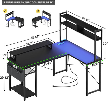 Reversible L-Shaped Computer Desk Gaming Desk with LED Lights and Power Outlets
