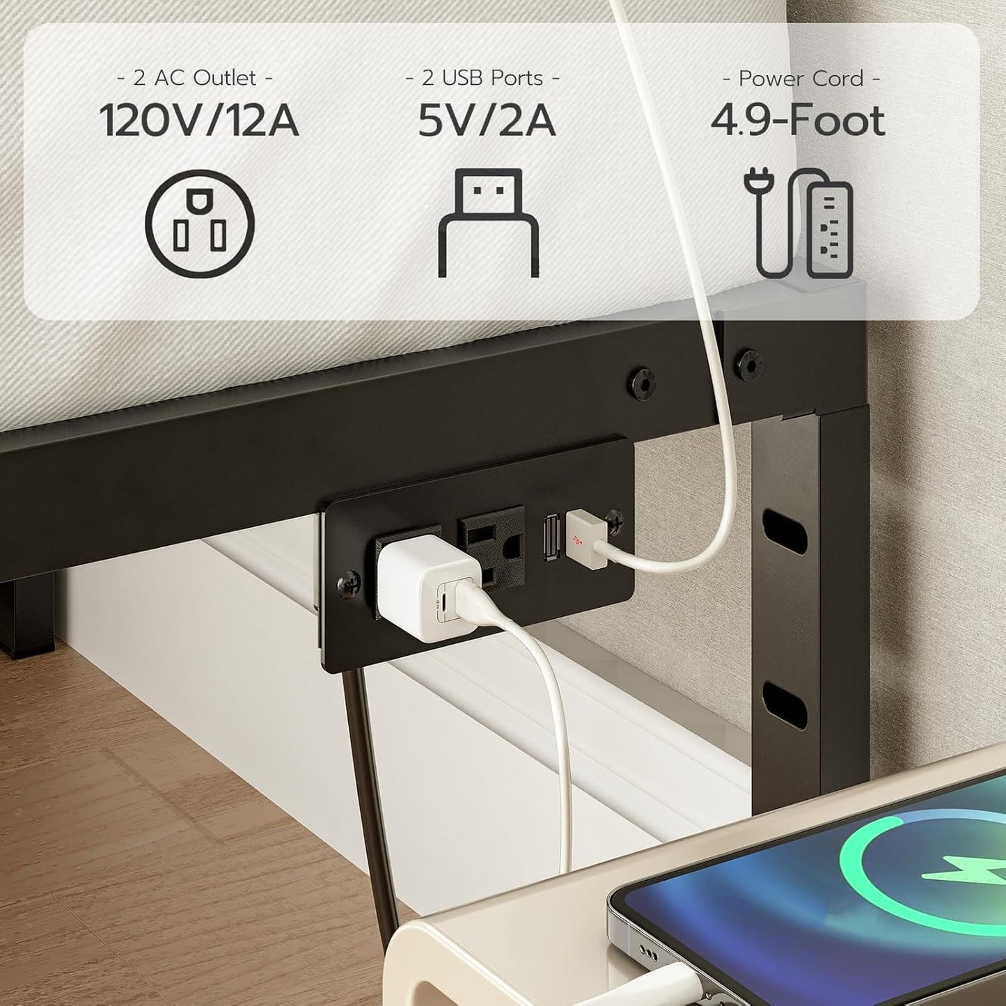 Full Bed Frame with LED Lights Metal Platform Bed Frame with Charging Station