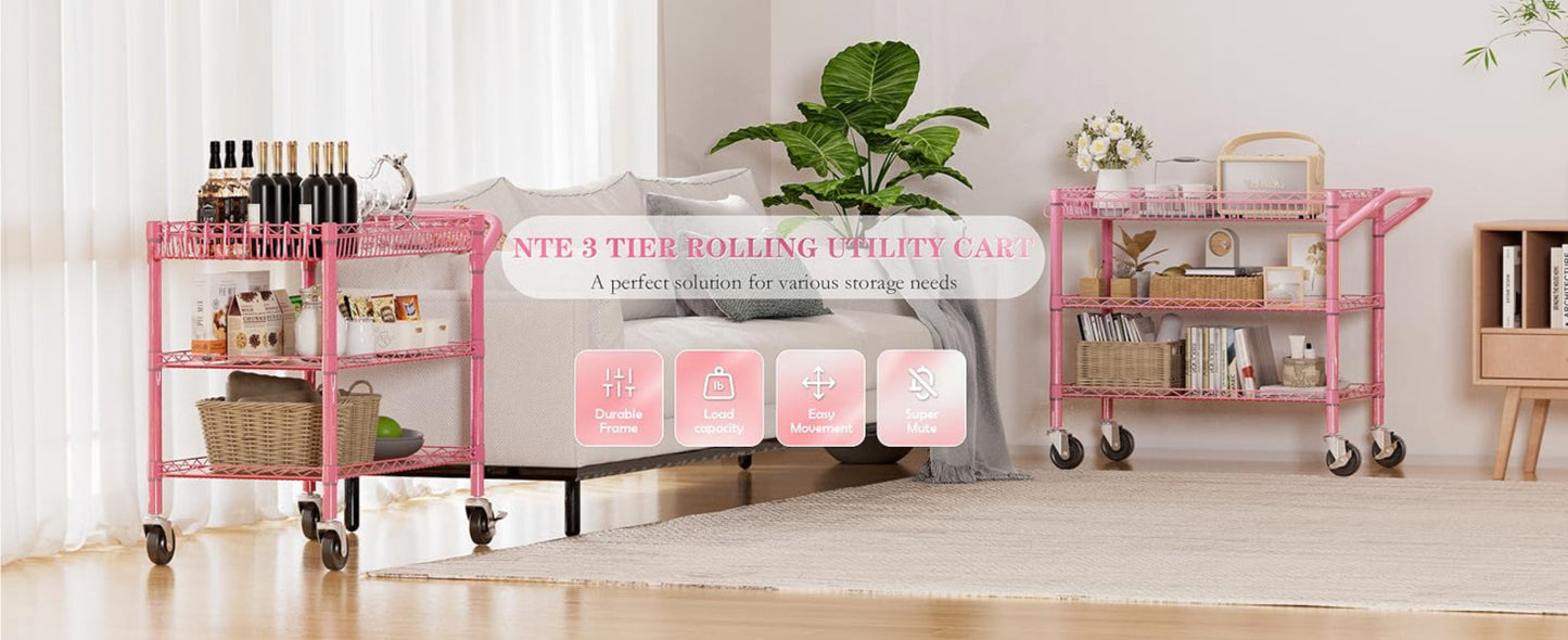 Heavy Duty Utility Cart with Handle 990lbs Capacity Metal 3 Tier Rolling Carts