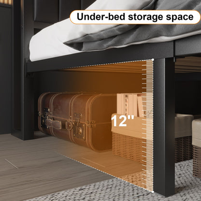 Full Queen Size Metal Platform Bed Frame with 2-Tier Storage Headboard＆Drawers