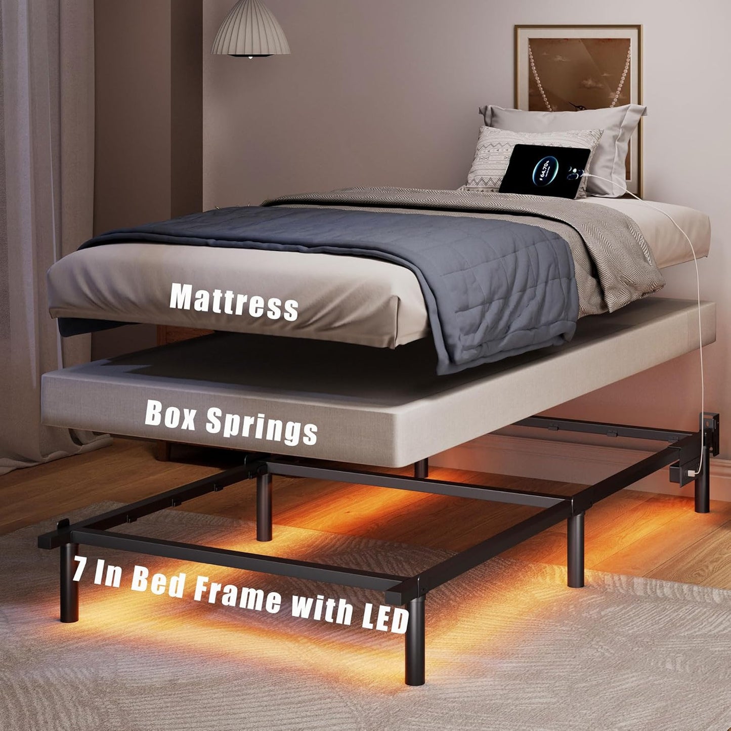 Twin Full Queen Bed Frame with LED Lights Charging Station Metal Platform Sturdy