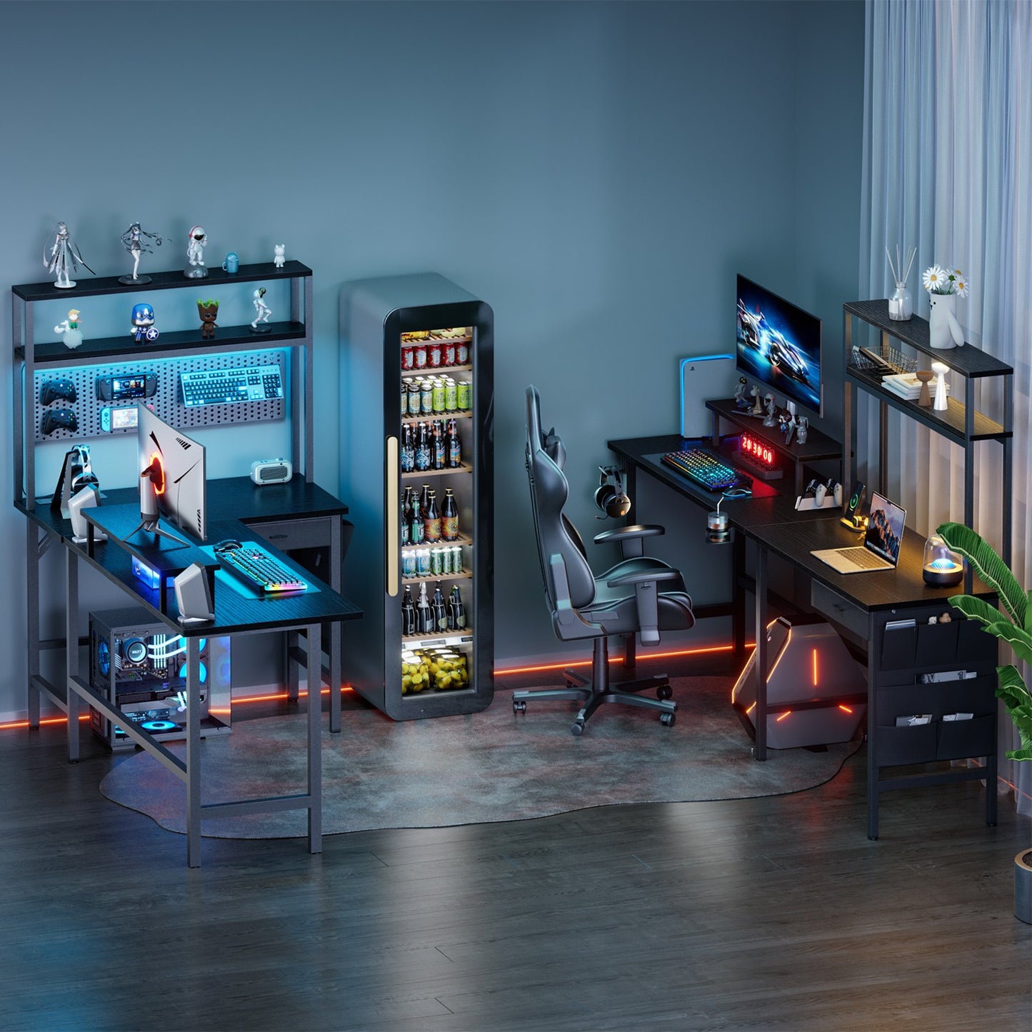 59 inch L Shaped Gaming Desk with LED & Power Outlets, Computer Desk with Drawer