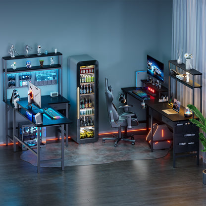 59 inch L Shaped Gaming Desk with LED & Power Outlets, Computer Desk with Drawer