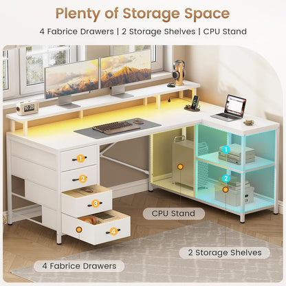 L Shaped Desk with 4 Drawers &Storage Shelves, Corner Computer Desk w/LED Lights