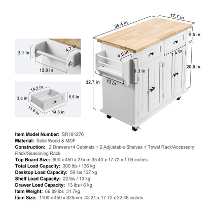 Kitchen Island Cart Trolley Cart Rolling Storage Cabinet w/ 2 Drawers & Rack
