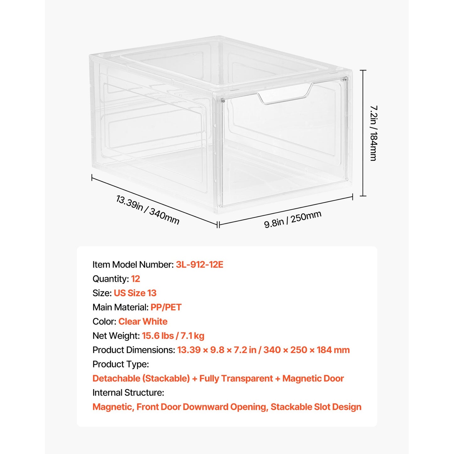 Shoe Storage Boxes 12Pack Stackable Shoe Boxes US Size 13 Transparent White