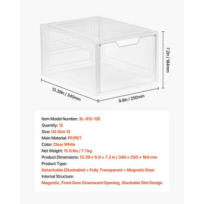 Shoe Storage Boxes 12Pack Stackable Shoe Boxes US Size 13 Transparent White