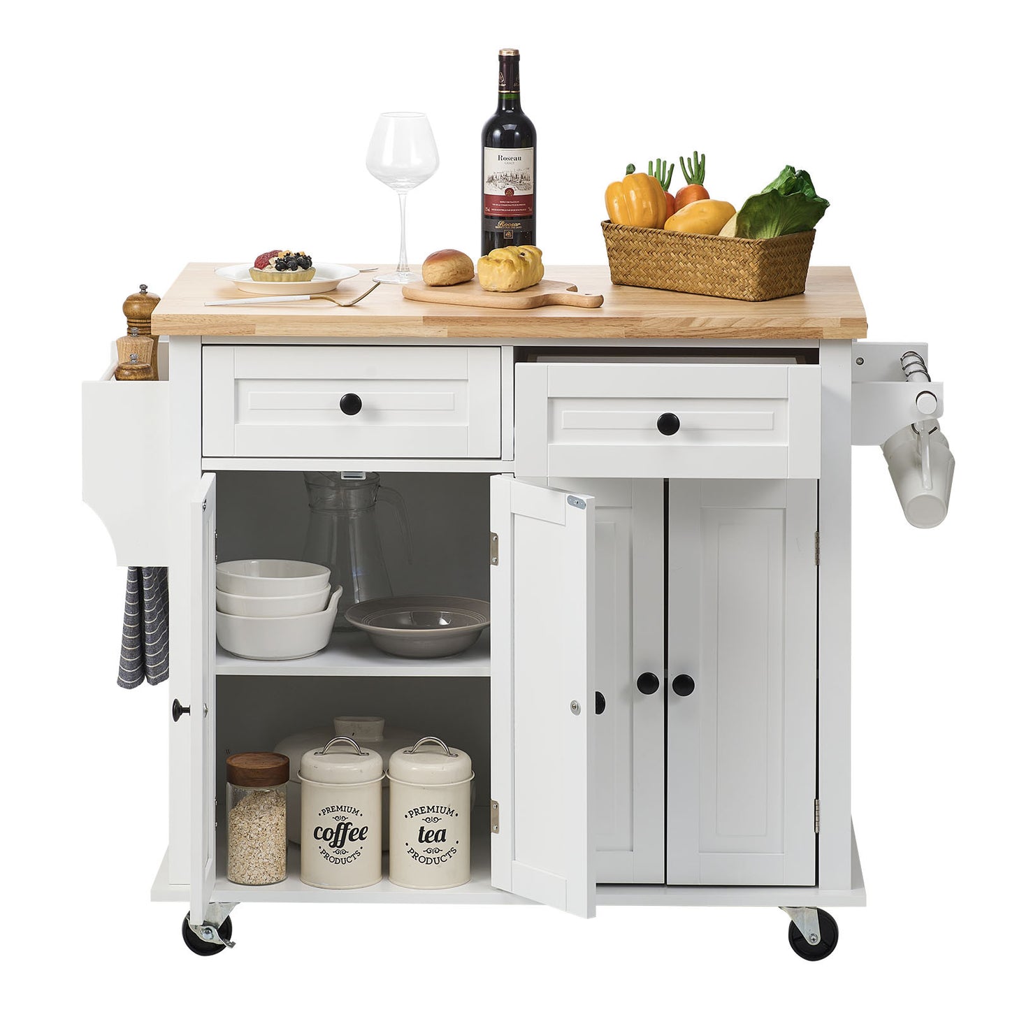 Kitchen Island Cart Trolley Cart Rolling Storage Cabinet w/ 2 Drawers & Rack