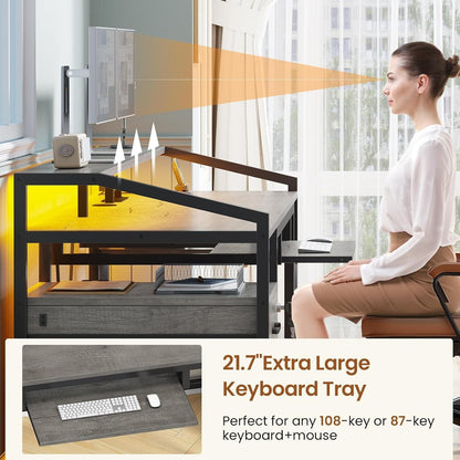 Computer Desk with LED Lights & Power Outlet, Office Desk with Lockable Drawers