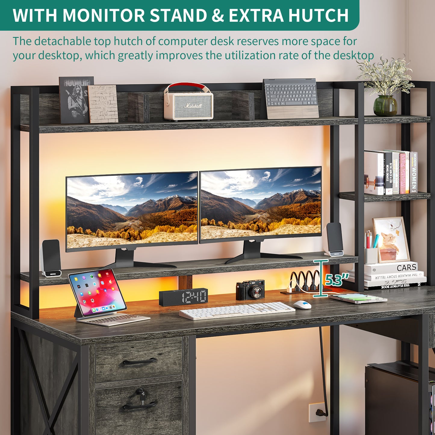 59" LED Computer Desk with Power Outlets Gaming Desk Home Office Desk with Hutch