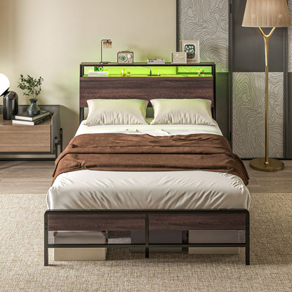 Full Bed Frame with Headboard, LED Lights, Charging Station, Walnut