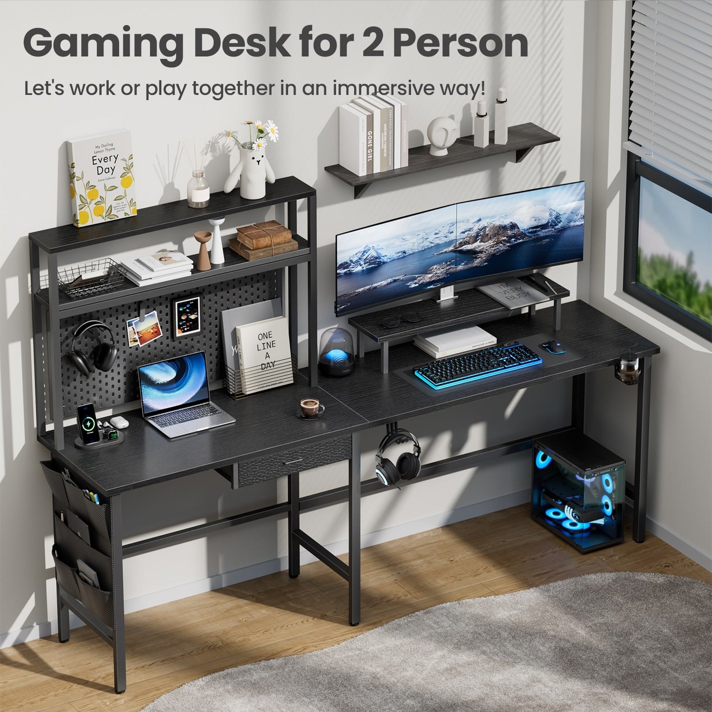 59 inch L Shaped Gaming Desk with LED & Power Outlets, Computer Desk with Drawer