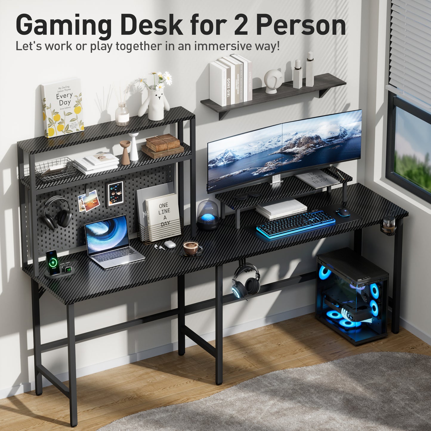 L Shaped Gaming Desk with LED Light & Power Outlet, Reversible Computer Table