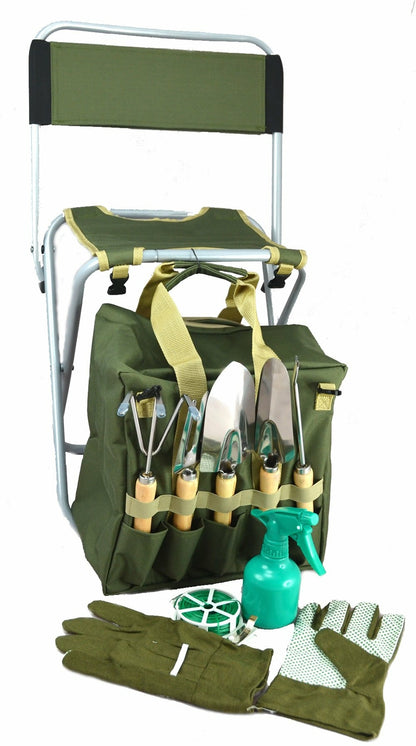 10-piece Gardening Tool Set with Zippered Detachable Tote and Folding Stool Seat