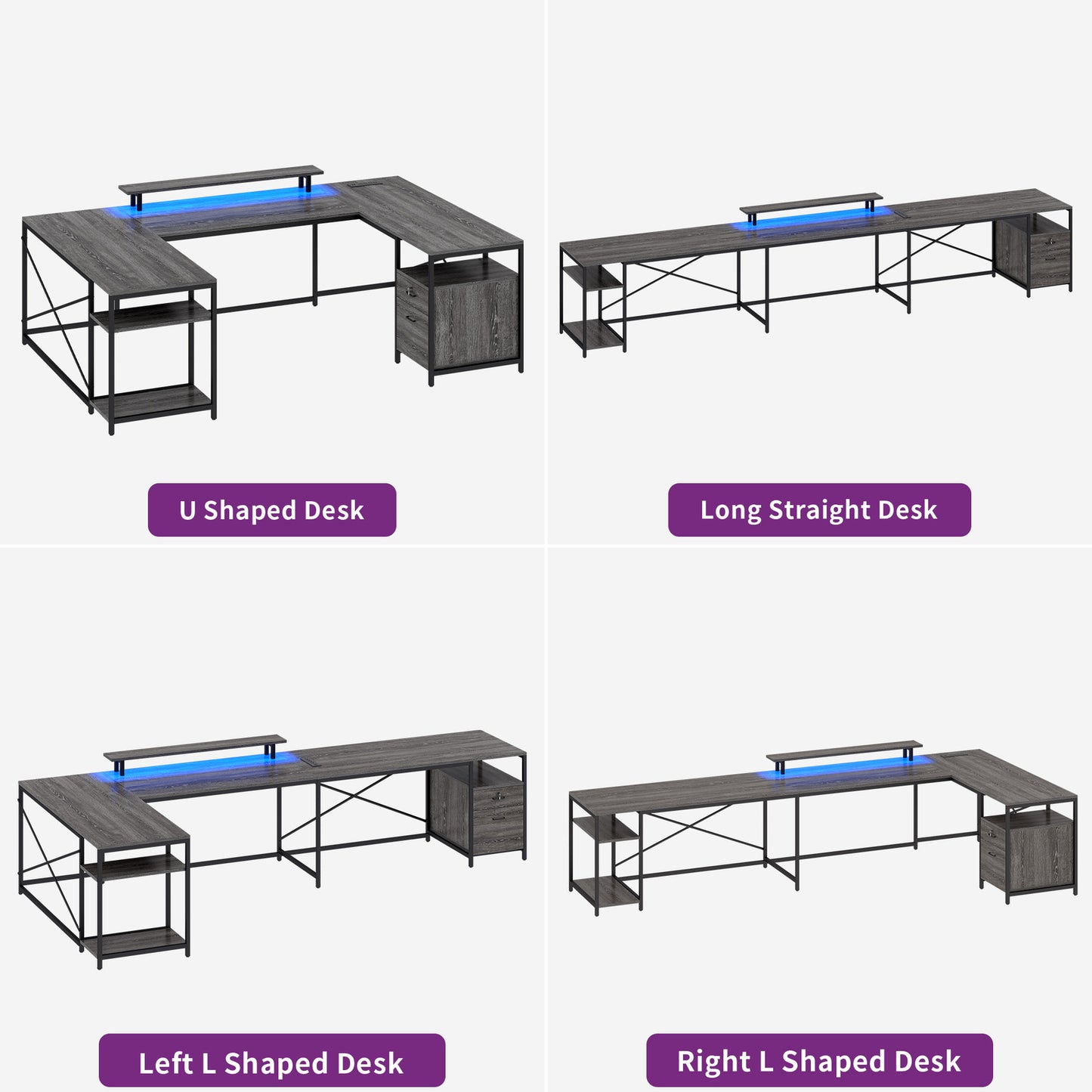 79" L-Shaped Desk U Shaped Gaming Desk Computer Desk with LED Strip & Outlets