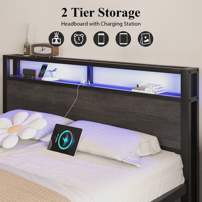 LED Light Bed Frame with 2-Tier Storage Headboard and Charging Station/Grey